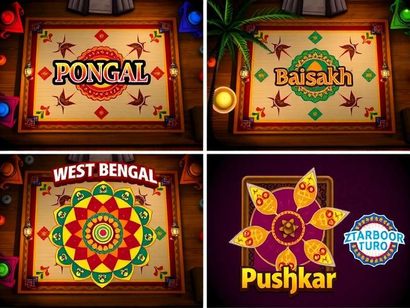 Carrom Turbo Fury - Regional Themed Boards Collage of Carrom Turbo Fury regional boards: Tamil Nadu Pongal, Punjab Baisakhi, West Bengal Durga Puja, and Rajasthan Pushkar
